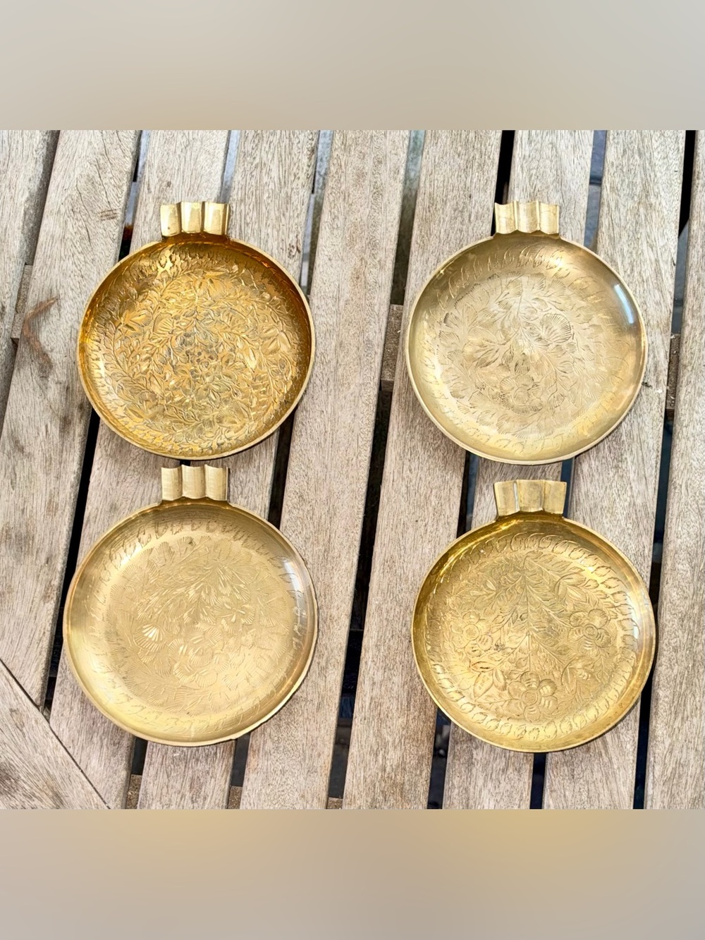 Vintage Indian Brass Ashtrays Set of 4 | Engraved Floral Brass Catchall Dishes